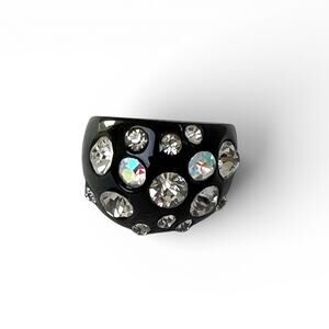 Vintage Dome Ring Glossy Black Lucite AB Clear Crystals 1960s MCM Size 7 Chunky
